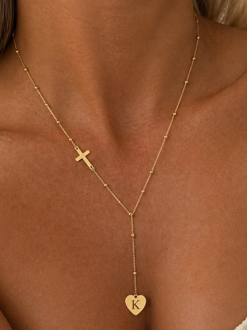 Cross and Initial Heart Lariat Necklace - Personalized K 18K golden plated R 579